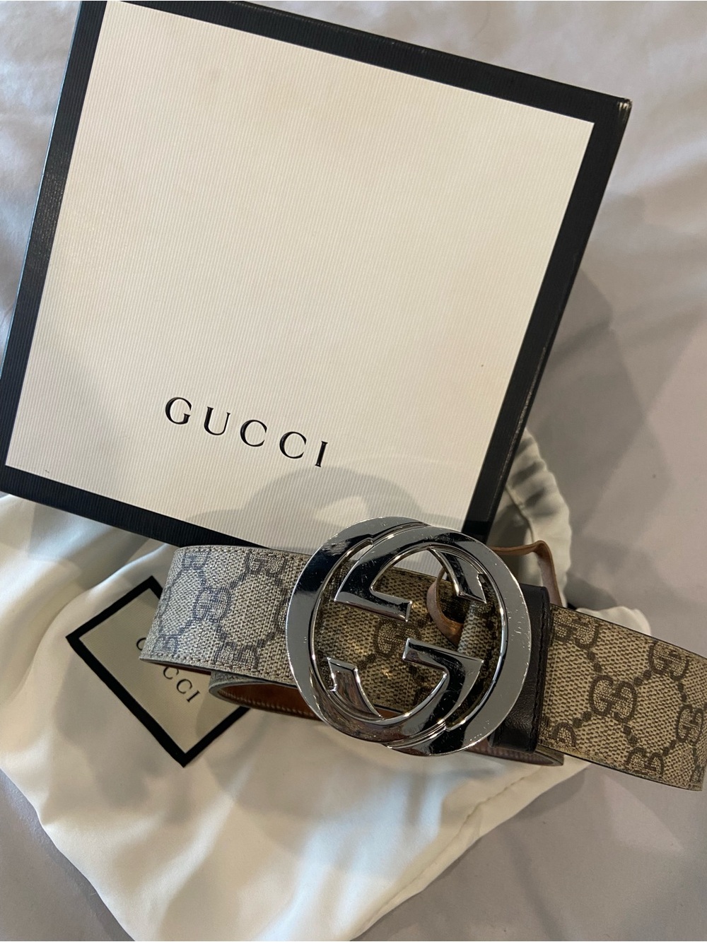 Gucci Authentic Beige GG Monogram Canvas Belt with Silver Double-G Buckle - Picture 1 of 5